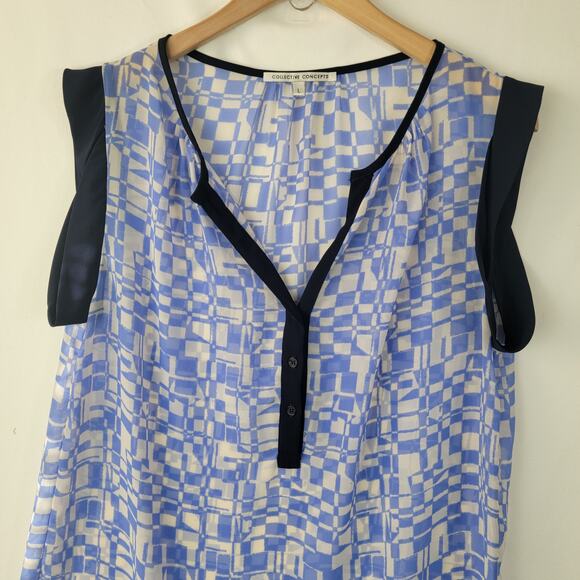 Collective Concept Womens Top Semi Sheer Geometric Henley Style Popover Sz Large - Picture 6 of 8